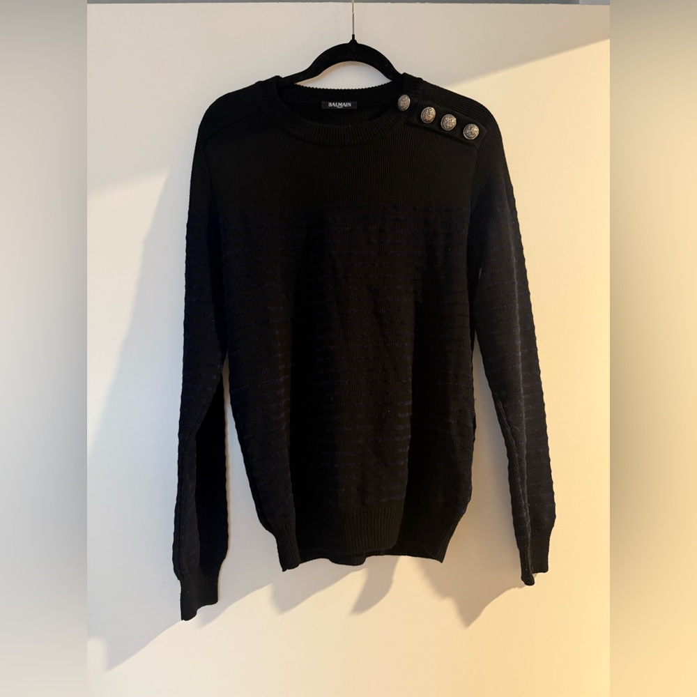 Balmain Striped Buttoned Knit Sweater in Black / Navy Stripe
